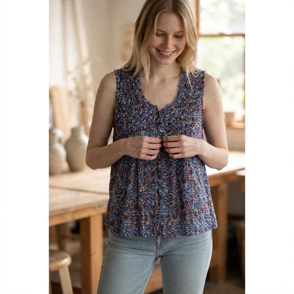 Anthropologie MAEVE sleeveless button up pintuck top women Large purple chevron